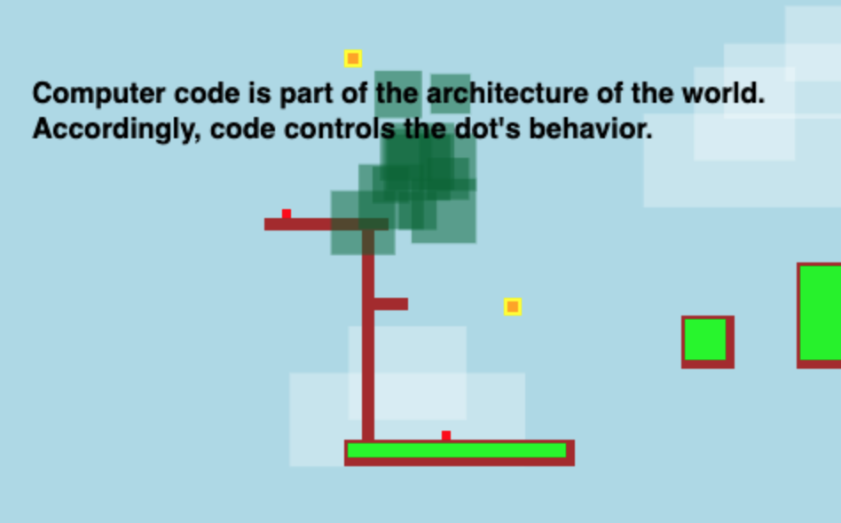 Blocky game with red dot and a tree