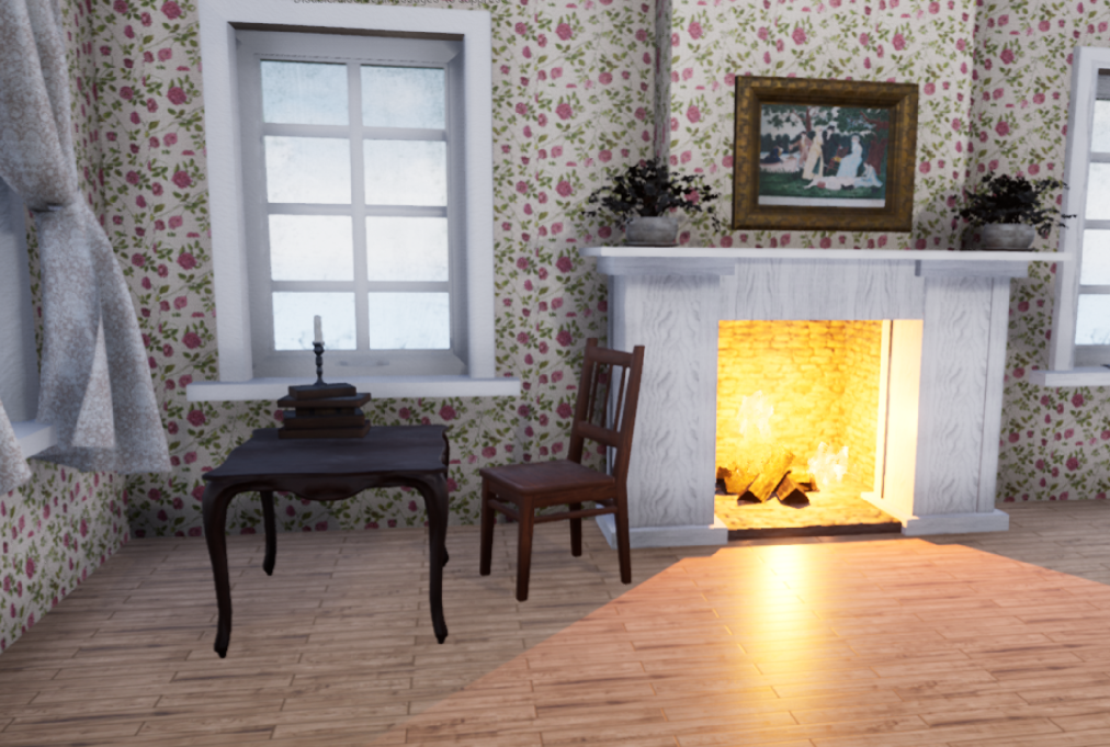 writing desk and fireplace in VR replica of Emily Dickinson's bedroom
